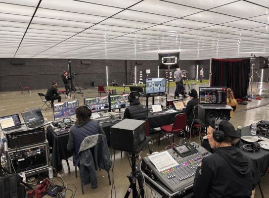 Behind the scenes of video village at a multi-camera live stream production